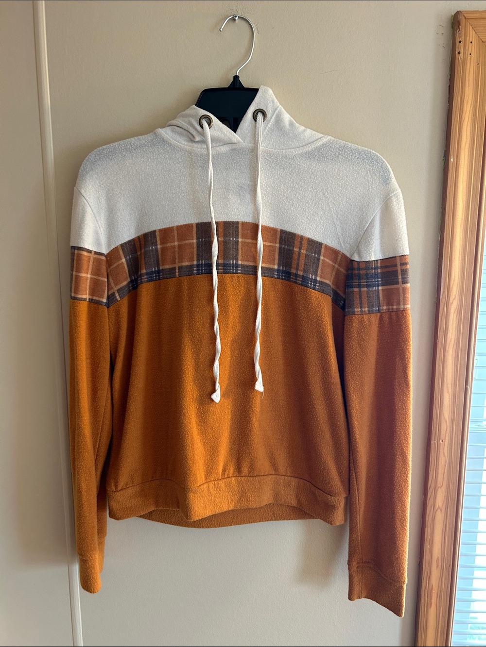 Self Esteem Women's Hooded Pullover - White and Rust Plaid Accent